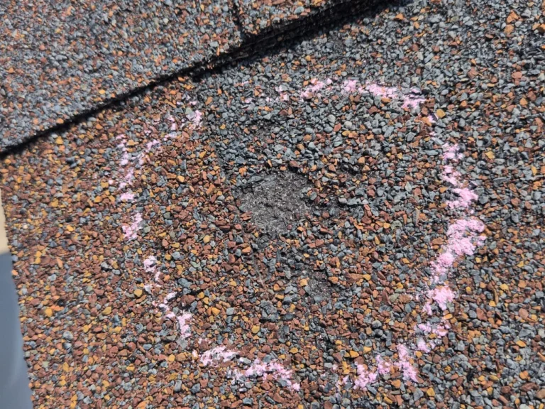Hail impact marks circled in chalk on asphalt shingles during a Dayton, Ohio roof inspection