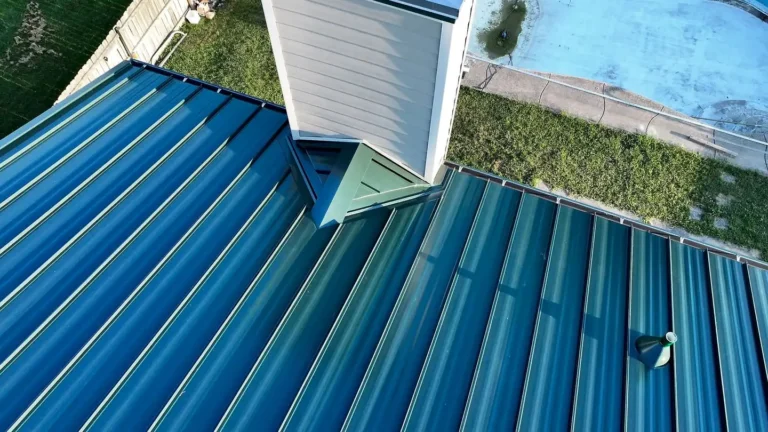 Close-up of chimney flashing on a new metal roof in Xenia, Ohio