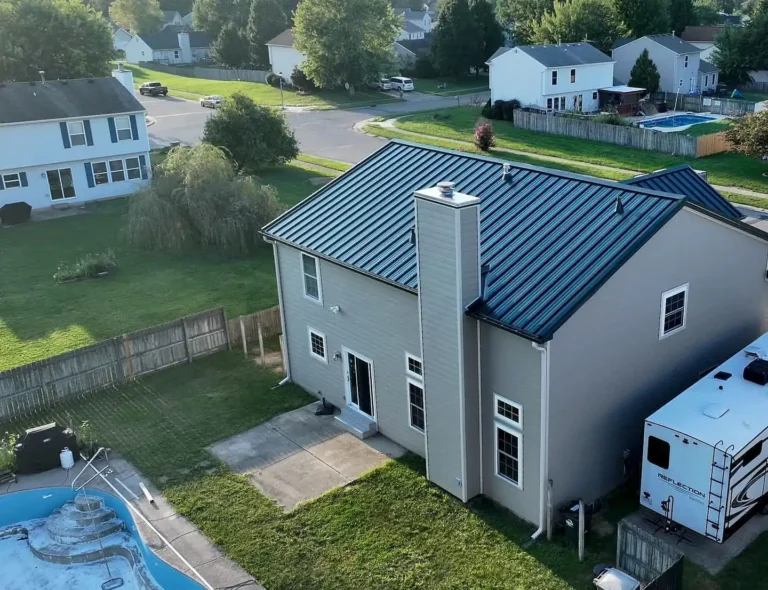 Drone photo of a new metal roof and siding on a home in Xenia, Ohio