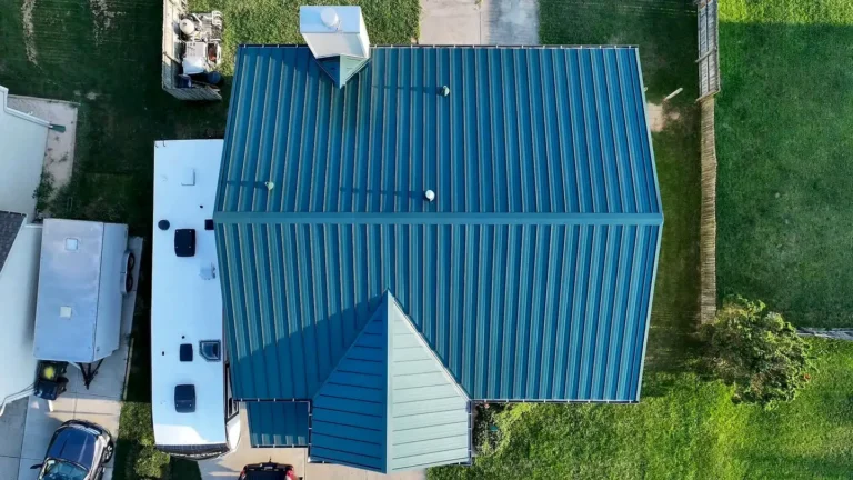 Drone view looking down on a new metal roof in Xenia, Ohio